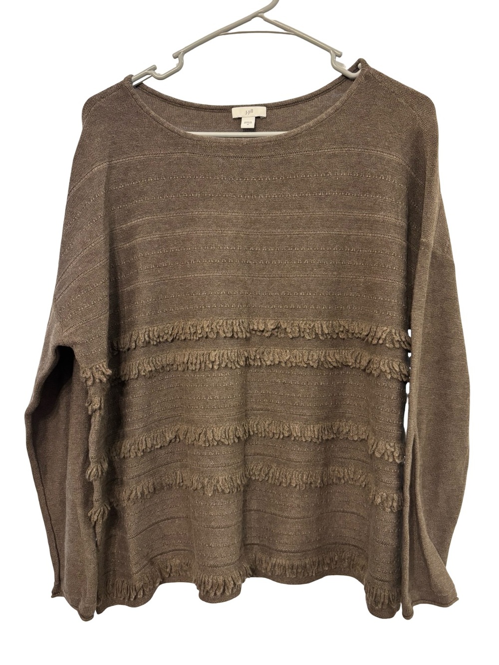 J. Jill Taupe Fringe-Trim Crewneck Sweater